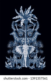 Graphical tropical tree such as palm, banana and jungle animals. 