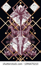 Graphical tropical tree such as palm, banana, jungle animals and golden elements. 