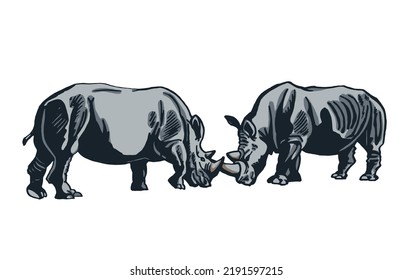 Graphical two color  rhinos  isolated on white, vector illustration