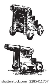 Graphical two guns, a type of artillery piece isolated on white background, vector element of military weapon