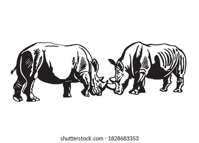 Graphical two rhinos  isolated on white, vector illustration