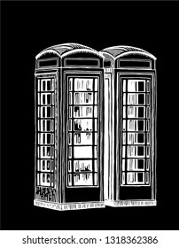 graphical typical London phone booth isolated on black background,vector sketch
