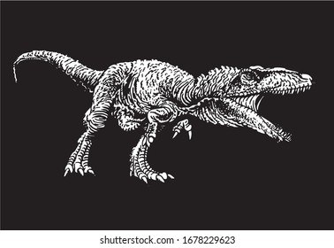 Graphical tyrannosaurus isolated on black background, vector engraved illustration