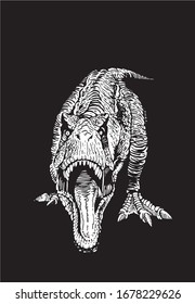 Graphical tyrannosaurus isolated on black background, vector engraved illustration