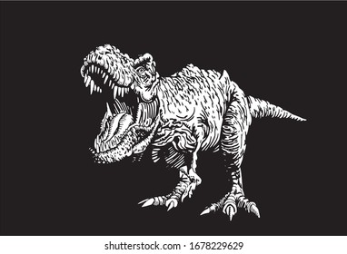 Graphical tyrannosaurus isolated on black background, vector engraved illustration