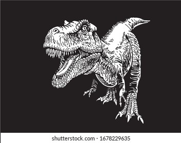 Graphical tyrannosaurus isolated on black background, vector engraved illustration