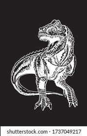 Graphical tyrannosaurus isolated on black background, vector engraved illustration, dinosaur