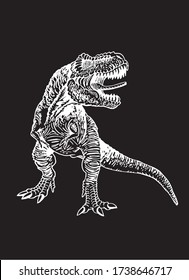 Graphical tyrannosaurus isolated on black background, vector engraved illustration, dinosaur