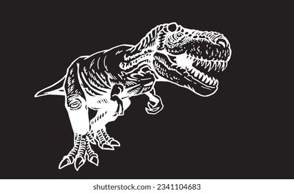 Graphical  tyrannosaurus rex running  isolated on black, vector engraved  illustration,angry  dinosaur