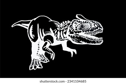 Graphical  tyrannosaurus rex running  isolated on black, vector engraved  illustration,angry  dinosaur