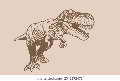 Graphical  tyrannosaurus rex running   on sepia background, vector illustration,angry  dinosaur