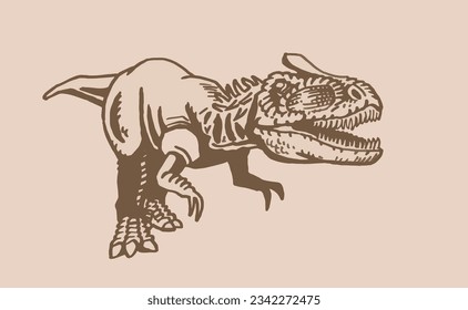 Graphical  tyrannosaurus rex running   on sepia background, vector illustration,angry  dinosaur