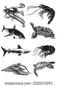 Graphical underwater set, shark,shrimp,lobster and turtle isolated on white background.Vector illustration