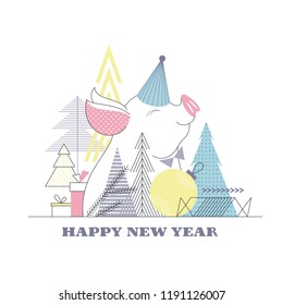 Graphical vector Christmas tree and Symbol of New Year - Pig - holiday conceptual illustration. 