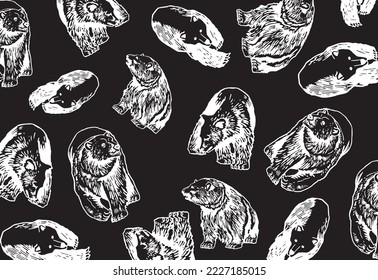 Graphical vector pattern with polar bears on black background, wallpaper , animals cover