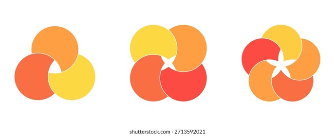 Seções infográficas do diagrama gráfico Venn. As formas de círculo sobrepostas circulam o conjunto de linhas do gráfico. Diagramas de Venn com círculos sobrepostos, mostrando uma área comum, para apresentação infográfica
