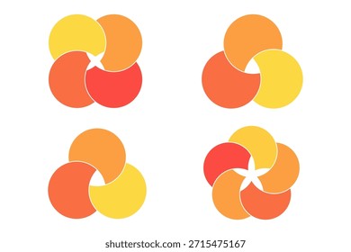 Seções infográficas do diagrama gráfico Venn. As formas de círculo sobrepostas circulam o conjunto de linhas do gráfico. Diagramas de Venn com círculos sobrepostos, mostrando uma área comum, para apresentação infográfica