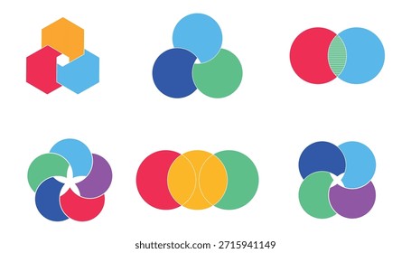 Seções infográficas do diagrama gráfico Venn. As formas de círculo sobrepostas circulam o conjunto de linhas do gráfico. Diagramas de Venn com círculos sobrepostos, mostrando uma área comum, para apresentação infográfica
