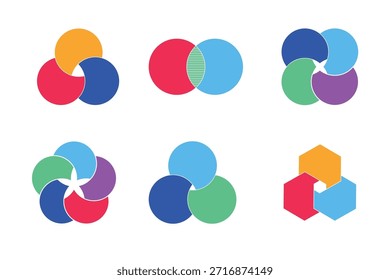 Conjunto de secciones de infografía de diagrama gráfico de Venn. Formas superpuestas rodean la línea del gráfico. Diagramas de Venn con círculos superpuestos, mostrando un área común, para presentación infográfica