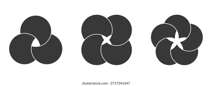Silueta gráfica de secciones de infografía de diagrama de Venn. Conjunto de líneas del gráfico de Formas circulares superpuestas. Diagramas de Venn con círculos superpuestos, mostrando un área común, para presentación infográfica