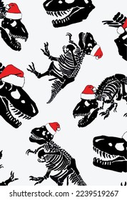 Graphical vertical design with dinosaur skulls and skeletons in Santa Claus hats , vector Christmas pattern .