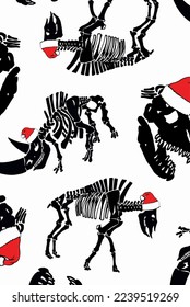 Graphical vertical design with dinosaur skulls and skeletons in Santa Claus hats , vector Christmas pattern .