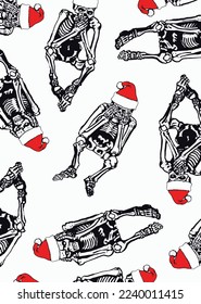 Graphical vertical design with skeletons sitting in Santa Claus hat  , vector Christmas pattern .