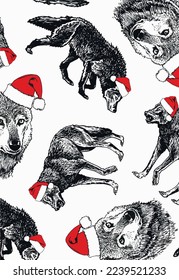 Graphical vertical design with wolfs in Santa Claus hats , vector Christmas pattern .Animal new year cover