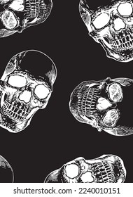 Graphical vertical pattern with human skulls on black background, wallpaper , fossils cover