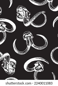 Graphical vertical pattern with skull of mammoth on black background. Vector wallpaper paleontology