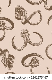 Graphical vertical vinage pattern with skull of mammoth on sepia background. Vector wallpaper paleontology