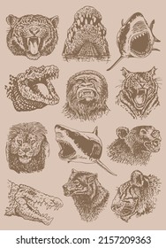 Graphical vintage  big set of heads of animals with grins ,vector elements