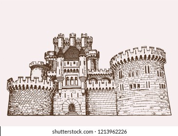 Castillo de butrón vintage gráfico, sketch vectorial, España,Gatika,castillo medieval retro