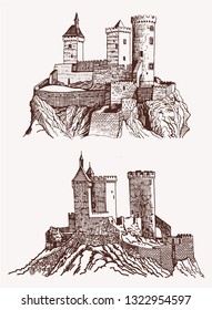 Graphical vintage  Castle of Foix    ,France,medieval sketch of castle