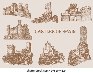 Graphical vintage castles of Spain on sepia background, vector architecture	