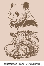 Graphical vintage collection of African animals , sepia background,vector zoo animals