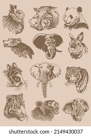 Graphical vintage collection of African animals , sepia background,vector zoo animals