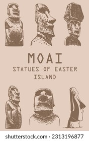 Graphical  vintage collection of moai statues isolated on sepia background, vector elements. Archeological artifacts . Stylish cover with text in the middle