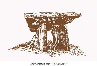 Graphical vintage  dolmen , sepia background, vector illustration, Ireland 