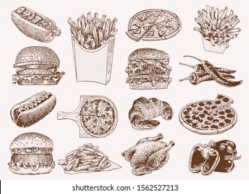 Graphical vintage fast food set ,sepia background,fast food vector illustration