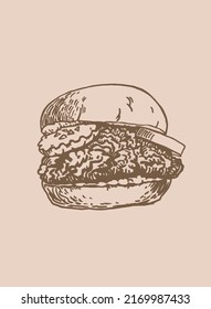 Hamburguesa vintage gráfica , elemento de comida rápida vectorial para el diseño, ilustración con fondo sepia	
