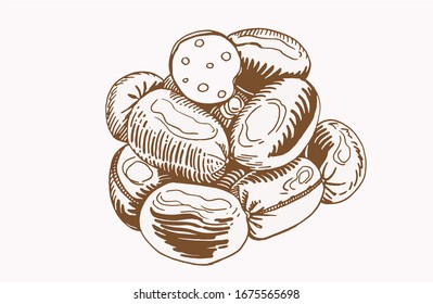 Graphical vintage  hand-drawn sausages , sepia background, vector illustration