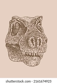 Graphical vintage head of tyrannosaurus , sepia background,vector dinosaur portrait 