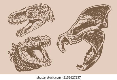 Graphical vintage heads of dinosaurs ,sepia background,vector  elements