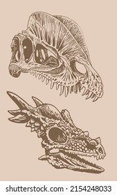 Graphical vintage heads of dinosaurs, sepia background,vector elements