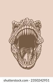 Graphical vintage illustration. Head of dinosaur with open mouth and sharp teeth on sepia background