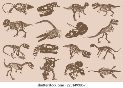 Graphical vintage  illustration, set of dinosaur skeletons isolated on sepia background,vector illustration