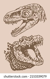 Graphical vintage illustration,heads of dinosaur and crocodile , sepia background,vector elements