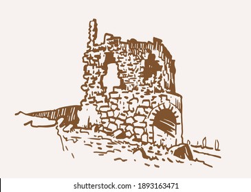 Graphical vintage kalamite fortress, sepia background, Inkerman,Crimea