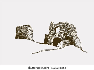 Graphical vintage Kalamite fortress ,vector medieval sightseeing,Crimea